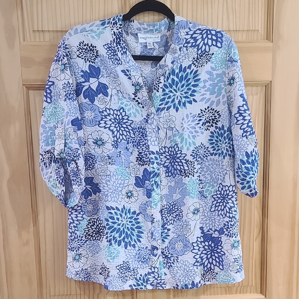 Rebecca Malone Blue Floral Button Down Shirt